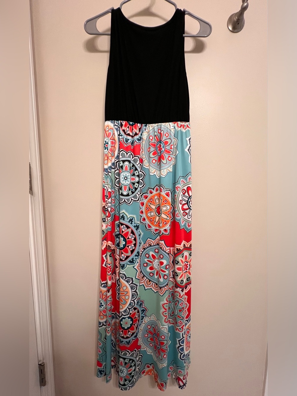 Black & Aqua Floral Maxi Dress with Red Accents